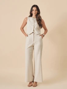 Linen Set With High Collar Vest And Pants With Lined Button Details - 米色 - 查看 1