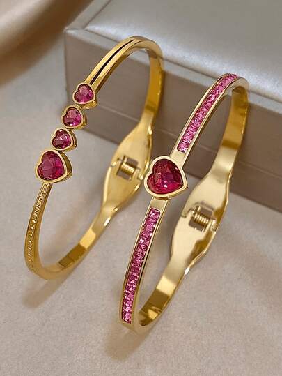 18K 镀金不锈钢浪漫心形手镯套装，镶嵌粉红锆石和水晶吊坠，适合女孩、妈妈礼物、教师礼物、夏季旅行海滩珠宝、波西米亚风格珠宝、狂欢/舞会/派对/日常配饰、返校礼物、生日礼物、伴娘礼物、骄傲配饰