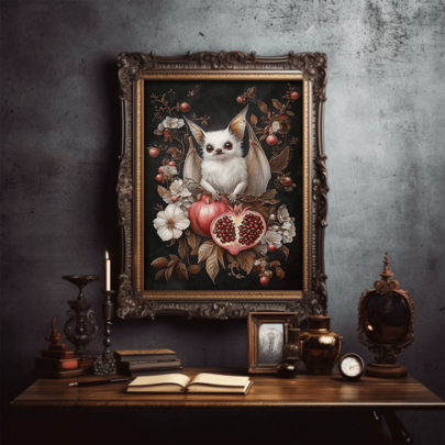 1pc White Bat On Pomegranate With Flowers Print, Woodland Bat Wall Art Print, Dark Cottagecore Decor, Dark Aesthetic Poster, Forestcore Gothic Oil Painting Style Print, Halloween Decor | Halloween Poster | With Or Without Frame, Room Decor, Home Decor, College Dorm Apartment Decor, Gifts For Wall Decoration In Hotel, Home, Living Room, Bedroom, Bathroom And Office