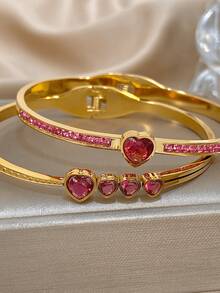 Bộ vòng tay trái tim lãng mạn bằng thép không gỉ mạ vàng 18K với đá Zirconia hồng và mặt dây chuyền pha lê dành cho phụ nữ, bé gái, quà tặng cho mẹ, quà tặng cho giáo viên, trang sức du lịch bãi biển mùa hè, trang sức Boho, phụ kiện tiệc tùng/vũ hội/hàng ngày, quà tặng trở lại trường, quà tặng sinh nhật, quà tặng phù dâu, phụ kiện Pride - Nhiều màu - Xem 3