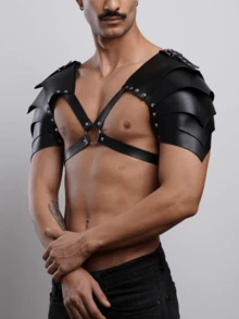 男士时尚吊带肩甲，中世纪双肩甲骑士护胸甲，战士派对装 PU 皮革配饰，万圣节主题角色扮演，情人节礼物 - 黑色 - 查看 2