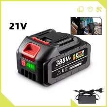 [Für Makita] 18V / 21V Universal-Lithiumbatterie (10 Stück 3000mAh mit LED-Lichtanzeige) + EU-Ladegerät Set | Schlagfest und gegen Überladung geschützt | Schwarz + Rot