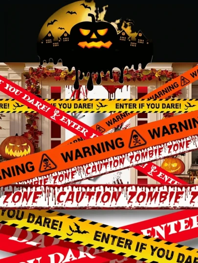 1 Pack Halloween Warning Tape Decorations - Enter If You Dare Haunted House Signs With Skull & Blood Splatter Design, High Quality Plastic Caution Tape For Spooky Party, Indoor/Outdoor Horror Decor, Halloween Decorations, Eerie Decor, Weatherproof Decor, Event Decorators
