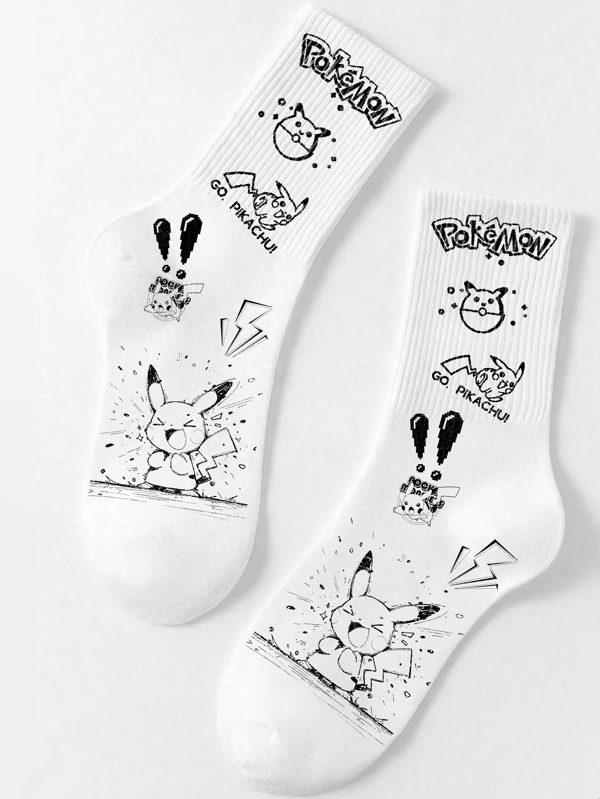 pokemon 1 Pair High-Quality Cartoon White Mid-Calf Women Socks, Pikachu Pattern Women Socks, Summer Men's Gift Socks, Breathable Comfortable Short Socks, Couples Style