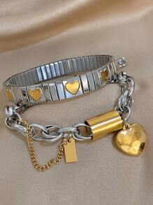 Juego de pulseras elásticas con colgante de acero inoxidable chapado en oro de 18K con diseño de amor y candado para mujeres y niñas, regalo para mamá, Navidad, Acción de Gracias, Halloween, boda, fiesta, diario, playa, aniversario, San Valentín, cumpleaños, dama de honor