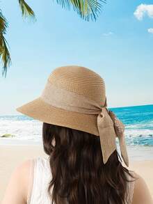 1pc Customizable Logo Summer Fashion Versatile Straw Hat, Outdoor Beach Sun Protection Hat, Countryside Style Sun-Shading Bucket Hat With Butterfly Ribbon, Sweet Lace Sun Hat For Beach Vacation - Multicolor - View 3