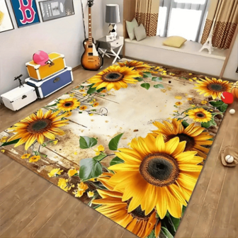 1 pièce Tapis de zone motif tournesol lumineux - Polyester doux, lavable en machine, tapis rectangulaire pour la décoration du salon et de la chambre à coucher, design texture bois rustique, tapis de sol léger et confortable, tapis de chambre à coucher avec dos en caoutchouc décoratif rustique, tapis de salon