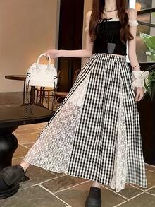 时尚蕾丝镂空拼接黑白格子A字褶裙 - 黑與白 - 查看 5