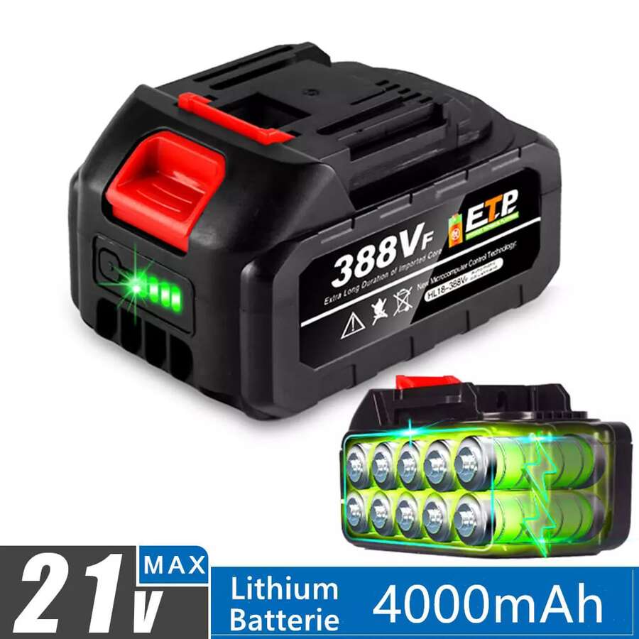[Für Makita] 18V / 21V Universal-Lithiumbatterie (10 Stück 3000mAh mit LED-Lichtanzeige) + EU-Ladegerät Set | Schlagfest und gegen Überladung geschützt | Schwarz + Rot