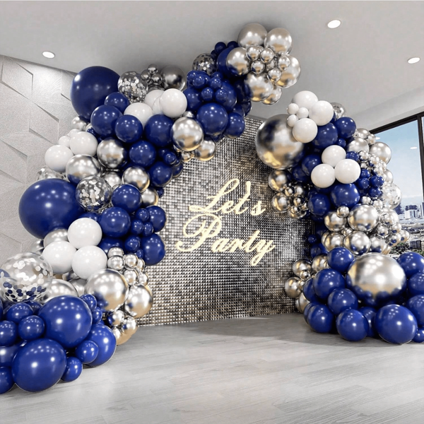 Set de arco de guirnalda de globos azul marino y plateado, globos metálicos azul real, plateados y blancos para decoraciones de fiesta de cumpleaños, baby shower, boda y graduación