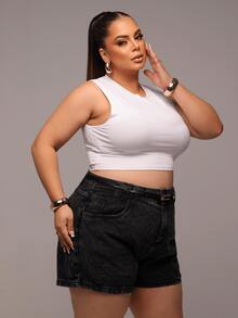 Women's Plus Size Marbled Dark Jeans Shorts 100% Cotton High Waist Comes With Belt