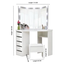 Corner Dressing Table - Mirror Dressing Table With Drawers, Stool, Storage Shelf, And Adjustable LED Lights - Vanity Bedroom Dressing Tables - Blanco - Ver 3