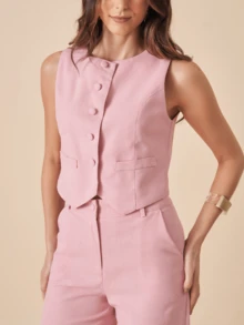 Linen Set With High Collar Vest And Pants With Lined Button Details - Rusty Rose - View 3