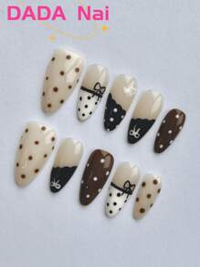 10 件手工按压式杏仁形指甲，法式美甲，白色、裸色、黑色、棕色指甲，波尔卡圆点，蝴蝶结装饰，Y2K 美甲，春、夏、秋、冬按压式假指甲全覆盖指甲片，四季美甲家居 DIY 美甲，美甲用品美甲用品，可拆卸和可重复使用，配有美甲套装，是送给女性的最佳礼物。