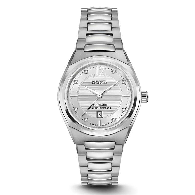 DOXA 女士自动手表 - 不锈钢表壳和表链，白色钻石表盘（型号 D190SSV） - 豪华商务腕表