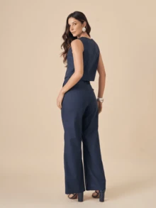 Linen Set With High Collar Vest And Pants With Lined Button Details - 藏蓝色 - 查看 4