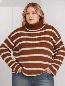 Marrie Tricot Striped Turtleneck Knit Blouse Cold Winter Elegant - 陶/米色 - 查看 5