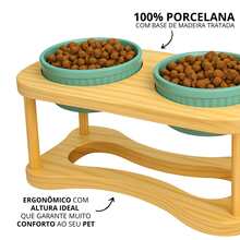 MUNDO DA PORCELANA Double Elevated Drinking Bowl For Dogs Cats In Porcelain 320ml White Pink Green - Green - View 2