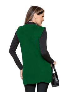 Long Knitted Vest Round Neck Casual Formal Autumn Winter - Green - View 1