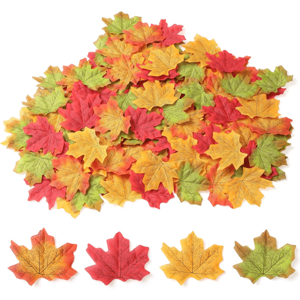 200 pièces Fausses feuilles d'automne, feuille d'érable artificielle d'automne, décoration d'automne pour mariage, fête, Thanksgiving en 4 couleurs