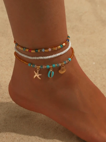 3入組波希米亞風格水晶珠和多彩貝殼腳鏈，手工製作，適合女性在海灘或度假時佩戴，帶有海星連鏈腳飾
