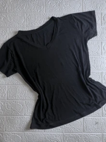 Women's V-Neck T-Shirt Plain Knit Various Colors - 黑色 - 查看 1