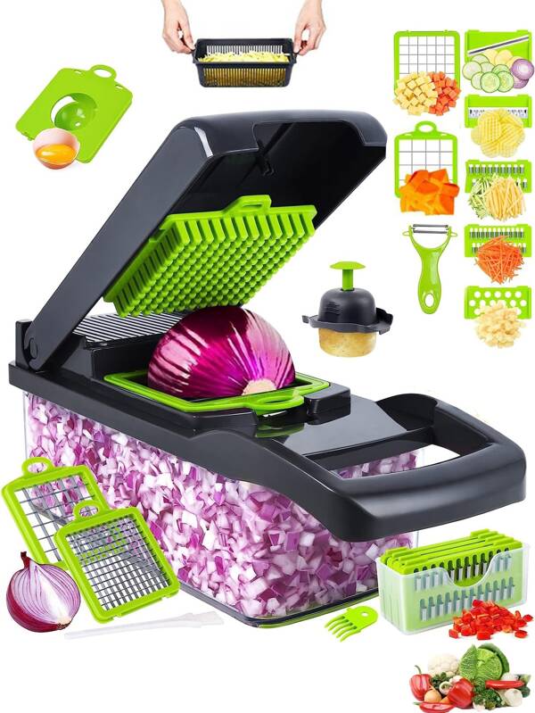 1PC 16 In 1 Multifunctional Vegetable Chopper, Professional Onion Chopper,Onion Chopper Handle Food Grate Food Chopper Kitchen , Food Veggie Onion Potato Fruit Chopper Cutter Dicer With Container,Carrot And Garlic With Container,Kitchen Gadgets