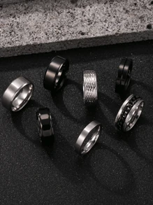 Set de 7 anillos vintage minimalistas de acero inoxidable plateado con diseño versátil y a la moda, aptos para uso diario de hombres y mujeres, ideal como regalo de Halloween para amigos