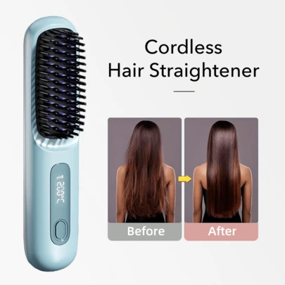 무선 헤어 스트레이트닝 브러시, 스트레이트 또는 약간 곱슬머리에 적합한 휴대용 음이온 핫 브러시, 부드러운 질감, 화상 방지 디자인, 최대 30분 연속 사용, 3가지 온도 설정이 가능한 35W USB 충전식 헤어 스트레이트너 브러시, 30초 고속 가열, 2000mAh 대용량 배터리, 휴일에 이상적인 선물 선택