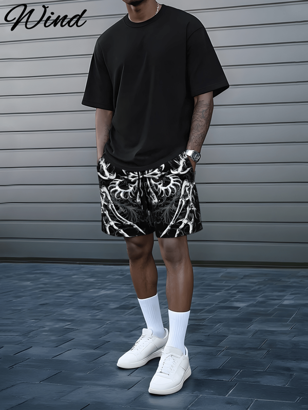 Men's Vintage 3D Animal Skeleton Print Regular Fit Shorts, Fashionable Casual Comfortable For Sports, Leisure, Home Gathering