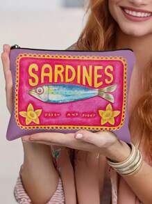 Retro Sardines Cosmetic Pouch,Olive Oil And Lemon Design, Unisex Adult Polyester Mini Makeup Bag, Hypoallergenic Zippered Toiletry Case, Pink Zippered Cosmetic Bag, Multifunctional Snack, Stationery Or Gift, Tin Fish Print Accessory Clutch, Cosmetic Pouch For Girls Women, Makeup Bag, Toiletry Bag For Travel, School, And Commuting,Unisex Adult Portable Storage Bag