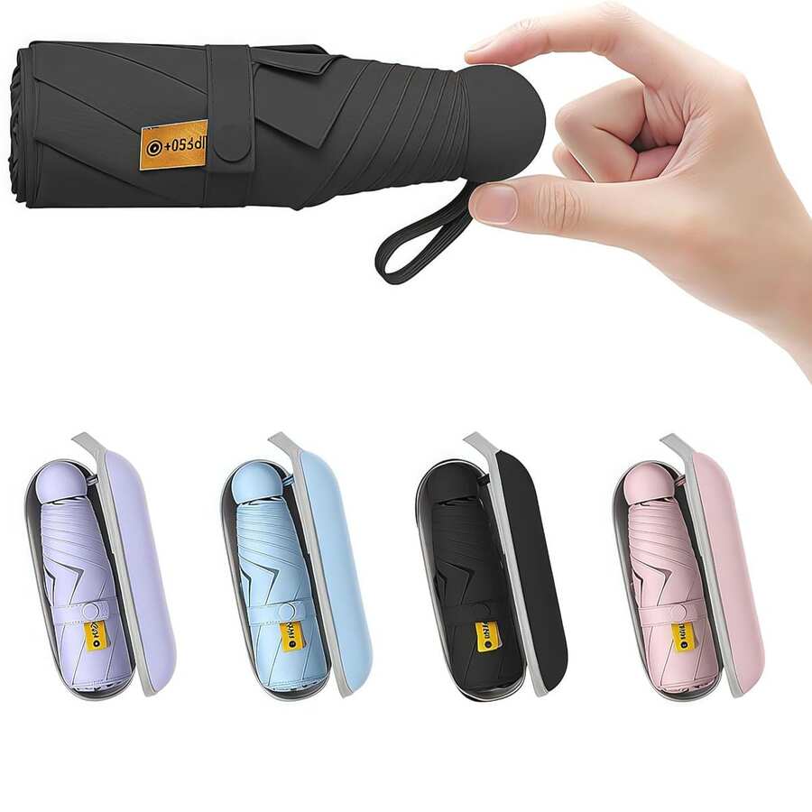 Compact UV Sun ProtectionTravel Umbrella With Case, Mini Umbrella For Purse,  Lightweight Windproof 8-Rib Pocket Umbrella For Women Kids And Men