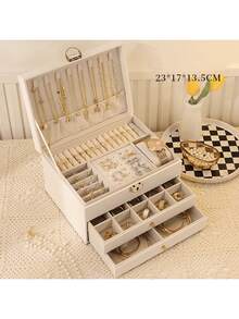 1pc Multi-Layer Leather Jewelry Storage Box, Suitable For Earrings, Rings, Watches, Necklaces And Bracelets, Large Capacity, Anti-Oxidation