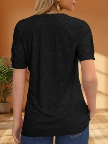 Women's Summer V-Neck Pleated Button Short Sleeve T-Shirt Zipper Detail Solid Color Casual Top