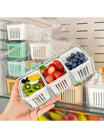 Por favor, revise cuidadosamente las dimensiones del producto antes de comprar. 1 set de recipientes de almacenamiento de alimentos con tapas, que incluye 3 cestas de drenaje reutilizables, compartimentos cuadrados transparentes para el refrigerador, cajas para ensalada, fruta, verdura y aderezos, compartimentos extraíbles y recipientes para llevar y comida para llevar.