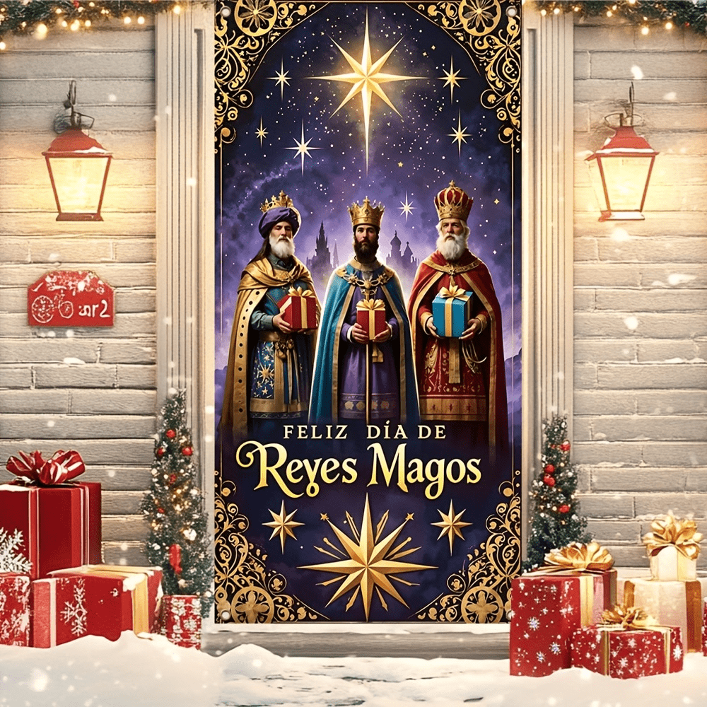 1 stuk 2D horizontale Starlight Drie Wijzen Kerstdeurbanner - Exquise polyester, 4 gaten, eenvoudig op te hangen, geschikt voor winter- en nieuwjaarsdecoratie voor entrees, buitenfeesten - 70x35 inch