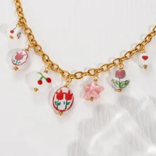 VKHK 1 pieza Collar con colgante de cerámica chapado en oro de 18K estilo chino vintage de acero inoxidable, adecuado para uso diario de mujeres y como regalo