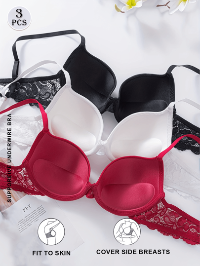 3-teilige Damen Unterwäsche Kollektion - Luxuriöser Push-up BH mit zarten Spitzendetails, hoher Halt und weichem atmungsaktivem Stoff für höchsten Komfort
