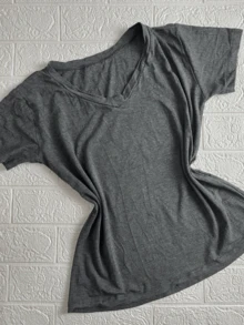 Women's V-Neck T-Shirt Plain Knit Various Colors - 灰色 - 查看 1