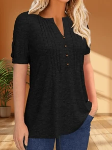 Women's Summer V-Neck Pleated Button Short Sleeve T-Shirt Zipper Detail Solid Color Casual Top