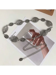 1pc Women Silver-Tone Distressed Metal Chain Waist Belt, Vintage Style Zinc Alloy Waist Chain, Suitable For Spring, Summer, Autumn, Winter