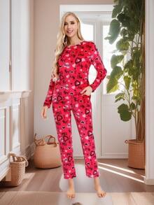 Pijama para mujer, conjunto casual y comodo, mangas largas, pantalón largo, diseño sencillo, ropa de hogar,Con un patrón lindo-Es el regalo ideal - Corazón rojo de amor - Ver 1