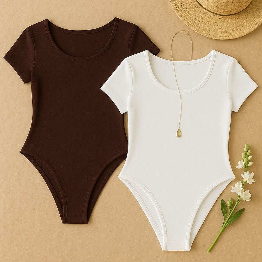 Kit 2 Women's Bodysuit Short Sleeve Elegant Suplex Bodysuit Elegant Casual Look Comfortable Bodysuit Basic And Stylish Fashion Simple Casual Fabric Simple Casual Knitted - cà phê nâu + trắng - Xem 1