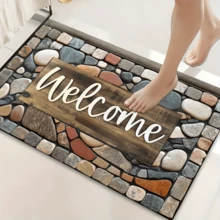 1pc Home Decor Non-Slip Washable Stone Pattern Printed Welcome Doormat - Entrance Mat With "WELCOME" Print, Non-Slip Diatomite Carpet, 3D Printed Rectangle, Suitable For Entryway, Living Room, Kitchen, Bedroom, Hallway, Bathroom, Laundry Room - Polyester Carpet, For Indoor And Outdoor Home Decor - Multicolor - View 2