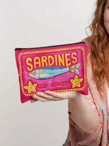 Retro Sardines Cosmetic Pouch,Olive Oil And Lemon Design, Unisex Adult Polyester Mini Makeup Bag, Hypoallergenic Zippered Toiletry Case, Pink Zippered Cosmetic Bag, Multifunctional Snack, Stationery Or Gift, Tin Fish Print Accessory Clutch, Cosmetic Pouch For Girls Women, Makeup Bag, Toiletry Bag For Travel, School, And Commuting,Unisex Adult Portable Storage Bag