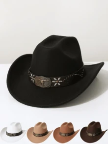 1pc Women's Genuine Leather Decor Cowboy Hat, European & American Style Wide Brim, Cowboy Jazz Hat, Fashion Versatile For Music Festivals, Western Style Events, Vintage Parties, Costume Parties, Performances, And More Occasions - Top Hat - View 7