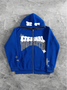 Spot Europe And The United States Street Zipper Hoodie Gothic Letter Foam Printed Hoodie Men And Women Casual Coat - 藍色 - 查看 2