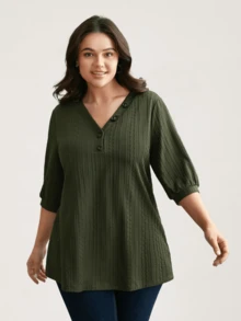 Damen Große Größen T-Shirt mit V-Ausschnitt, Lässig Alltags-Shirt mit Blume Muster und Knopfdesign