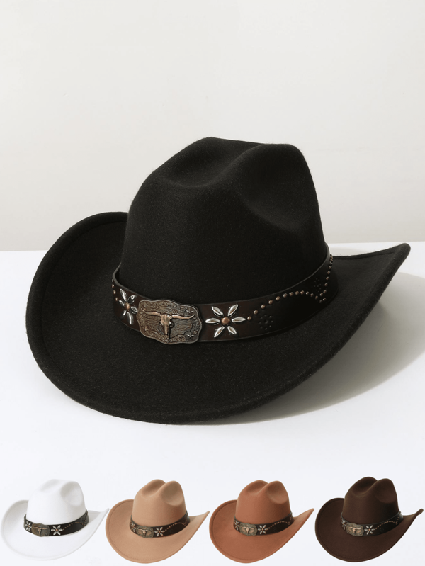 1pc Women's Genuine Leather Decor Cowboy Hat, European & American Style Wide Brim, Cowboy Jazz Hat, Fashion Versatile For Music Festivals, Western Style Events, Vintage Parties, Costume Parties, Performances, And More Occasions
