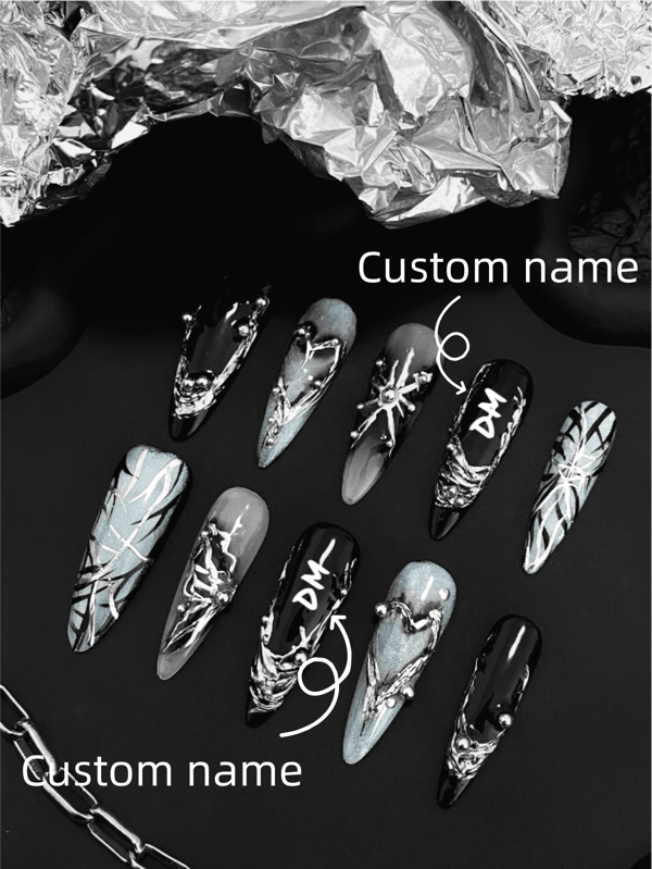 Individuelle Namen, individuelle Texte, schwarze Nägel, blaue Nägel, individuelle 3D-Schwarz-Chrom-Design Aufklebe-Nägel/Y2K-Nägel/lange mandelförmige Schmetterlings-Nägel/bunte Fake-Nägel/Feiertags-Geburtstags-Nägel/Geschenke für sie, Halloween-Nägel